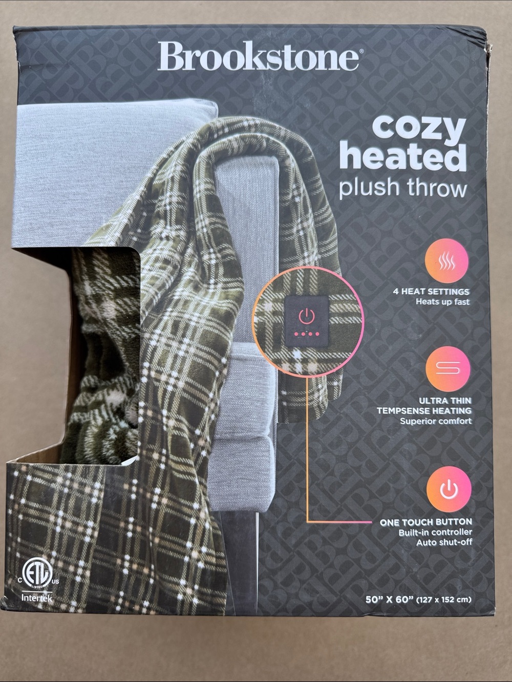 Brookstone Olive Plaid Cozy Heated Plush Throw